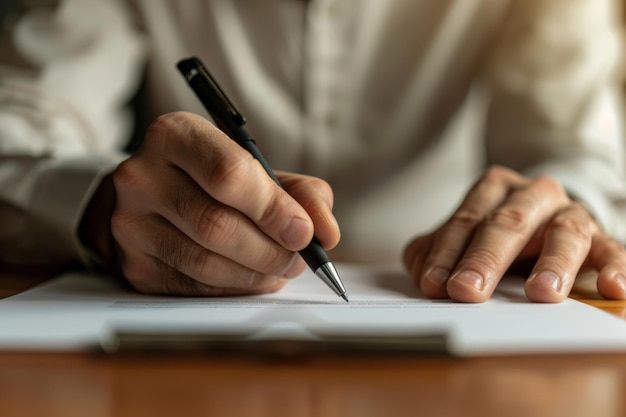 The thoughtful composition of a mans hands signing documents signifies decisionmaking