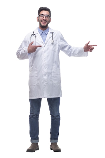 Thoughtful doctor looking at a white blank screen