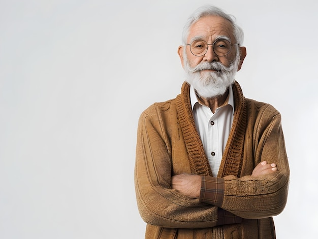 Thoughtful Elderly Male Teacher in Formal Wear on White Background