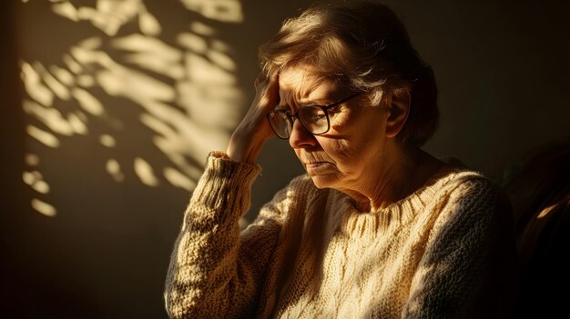 Photo thoughtful elderly woman amid shadow and sunlight at home