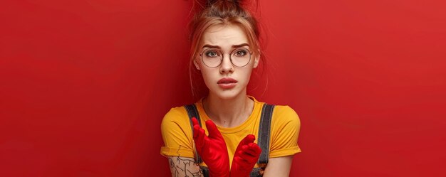 Photo thoughtful expression of young woman in red gloves and glasses against red background with pensive