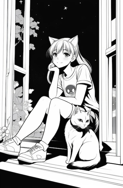 A thoughtful girl with cat ears sits by the window a cat beside her