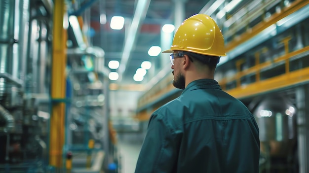 Thoughtful industrial engineer in hardhat and safety glasses looking at the production line in a fa