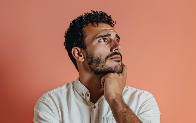 Thoughtful Italian Male Portrait Isolated on Light Coral Background JPG Portrait image