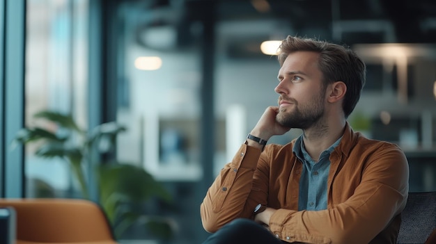 Thoughtful Man Reflecting While Sitting in Modern Office at Daytime