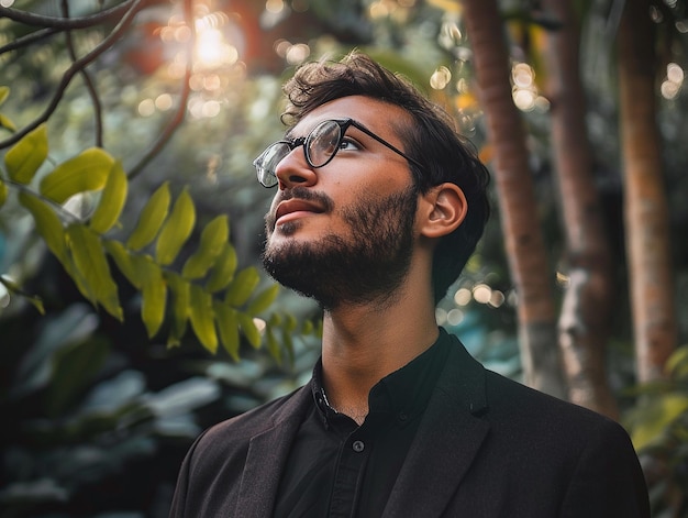 A thoughtful man wearing glasses and a dark suit gazes upwards in a forest surrounded by lush greene