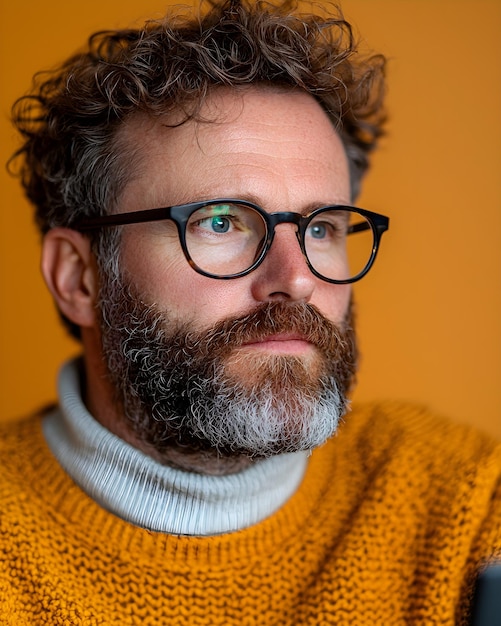 Thoughtful man with glasses against a vibrant orange backdrop