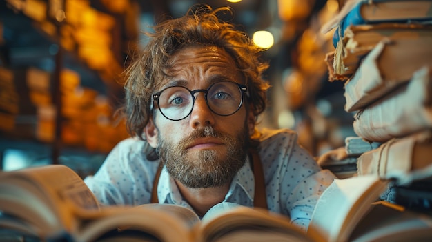 Photo thoughtful man with glasses reading books in a cozy library surrounded by shelves of old books