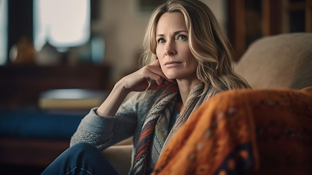 Photo thoughtful middle aged woman looking away sitting alone in her couch at home