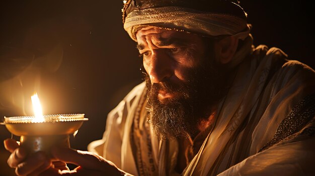 Thoughtful middle eastern man holding a candle lost in thought