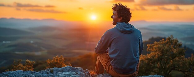 Photo a thoughtful person sitting on a rock gazing at a breathtaking sunset over rolling hills and mountains reflecting on life