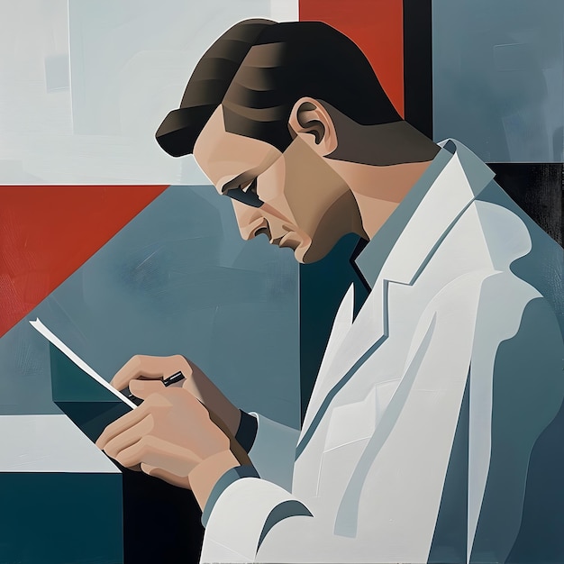 Thoughtful Physician Reviewing Medical Charts in Minimalist Architectural Style