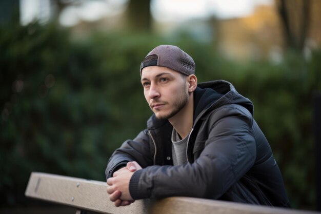 Thoughtful portrait of a young man with a baseball cap and a bomber jacket