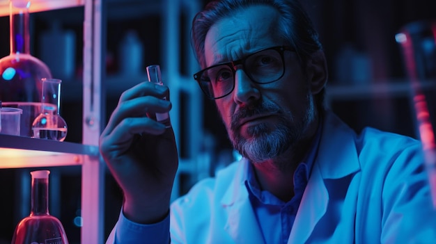 Photo thoughtful scientist in a lab coat holding a test tube and pondering the mysteries of the universe