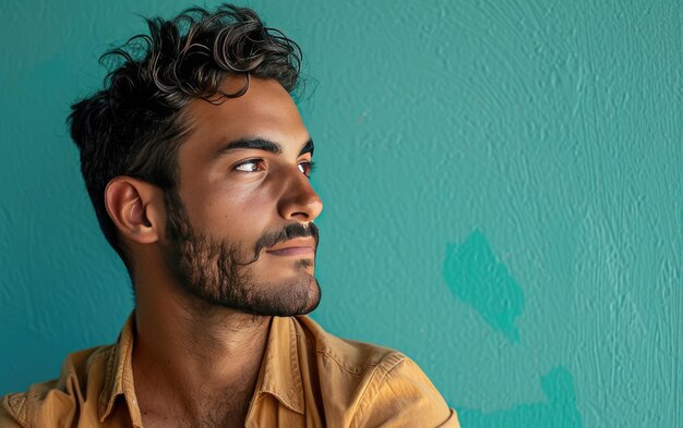 Thoughtful Spanish Male Isolated on Medium Sea Green Background JPG Portrait image