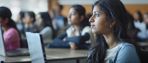 A thoughtful student listens attentively in a classroom filled with peers visually immersed in the lecture promoting an atmosphere of learning and engagement