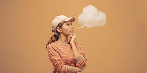 Photo thoughtful woman in baseball cap and striped shirt