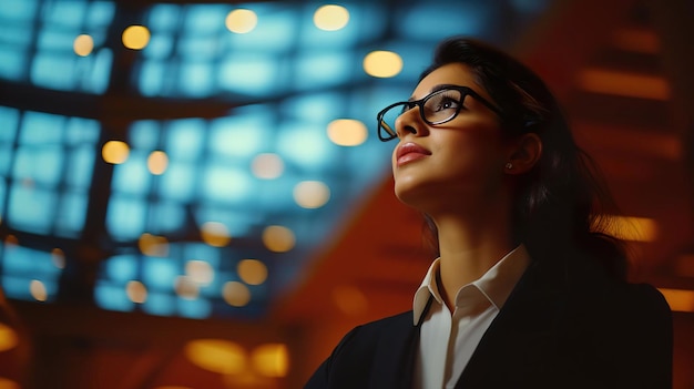 A thoughtful woman in glasses gazes upward exuding confidence and inspiration in a modern illuminated setting