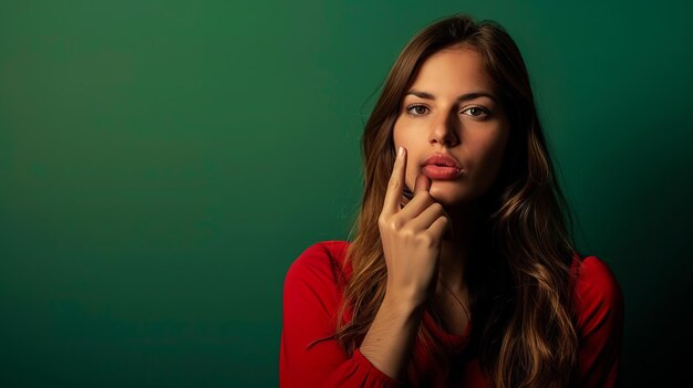 Thoughtful woman in red sweater posing in front of green background Modern and artistic portrait photography Ideal for concept visualization and stock photo usage AI