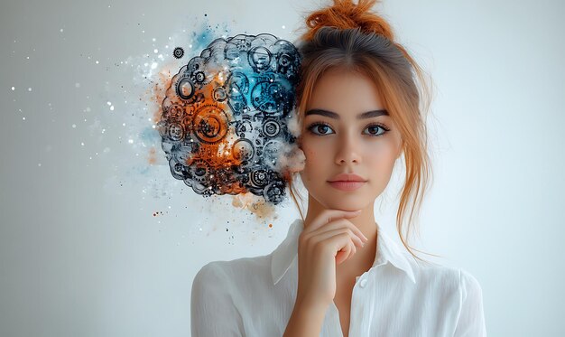 Photo thoughtful woman with brain illustration in the background