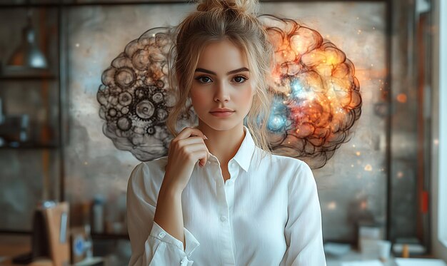 Photo thoughtful woman with brain illustration in the background