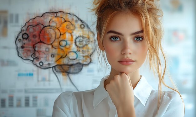 Photo thoughtful woman with brain illustration in the background