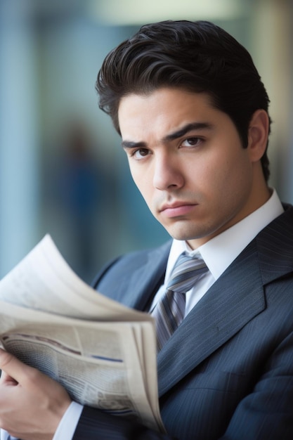 thoughtful young businessman looking at the camera while holding a newspaper created with generative ai