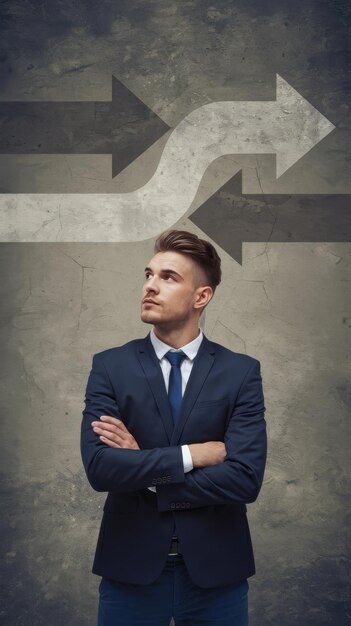 Photo thoughtful young businessman standing on abstract concrete background with two arrows different dir