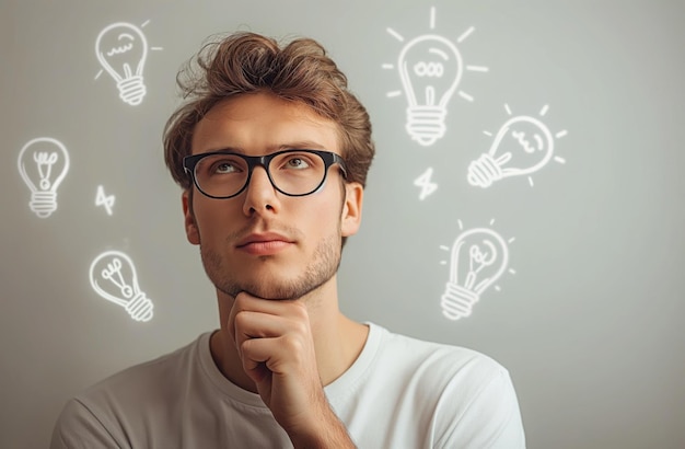 Photo a thoughtful young businessman with glasses and a white shirt pondering with illuminated lightbulb icons surrounding him representing ideas and creativity