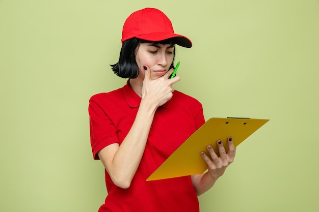 Thoughtful young caucasian delivery woman holding and looking at clipboard 