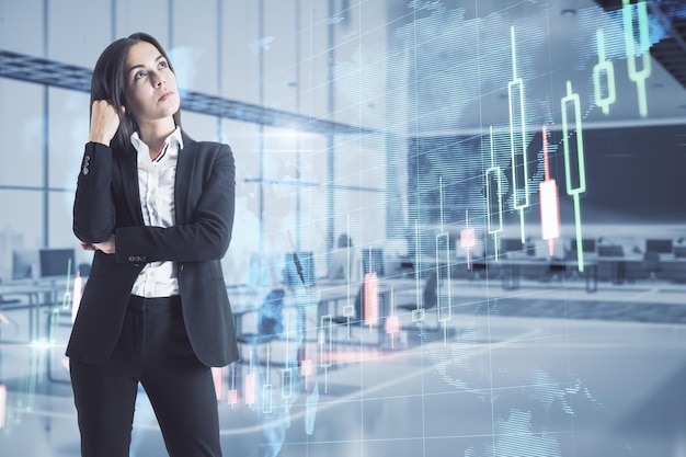 Thoughtful young european businesswoman standing on blurry office interior