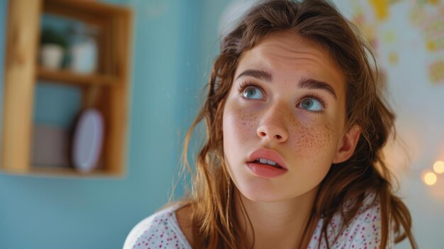 A thoughtful young girl with freckles looks upwards daydreaming in a brightly colored bedroom