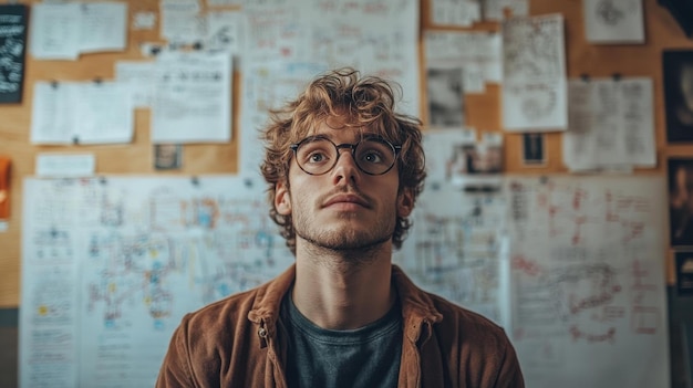 Thoughtful Young Man Looking Up With Notes On The Wall