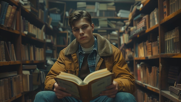 Photo thoughtful young man reading a book in a library with shelves of books in the background