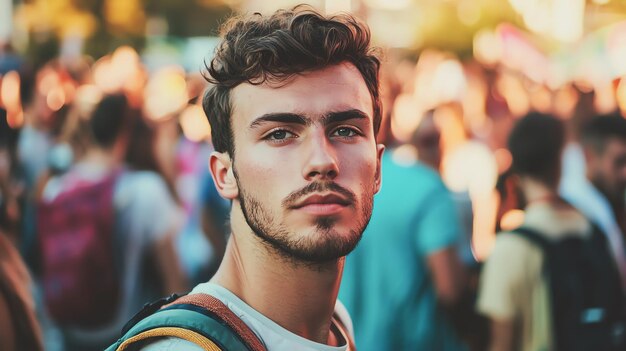 A thoughtful young man stands in a crowd capturing attention with his confident gaze and distinct style amidst a vibrant background