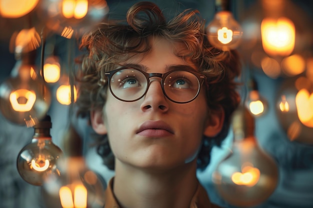 Photo thoughtful young man with glasses gazing upwards among hanging lightbulbs in a dimly lit room