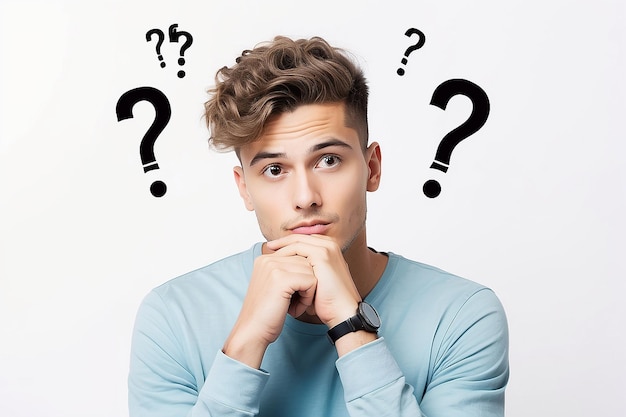 Thoughtful young man with question marks against white background