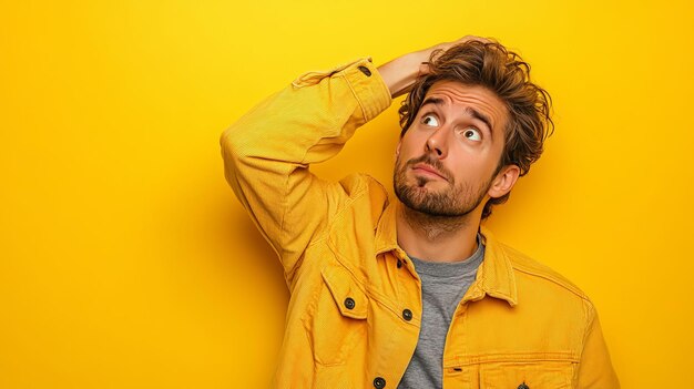 Photo thoughtful young man in yellow jacket against yellow background