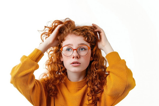 Photo a thoughtful young woman in a cozy orange sweater poses with tousled hair exuding curiosity and contemplation against a bright backdrop