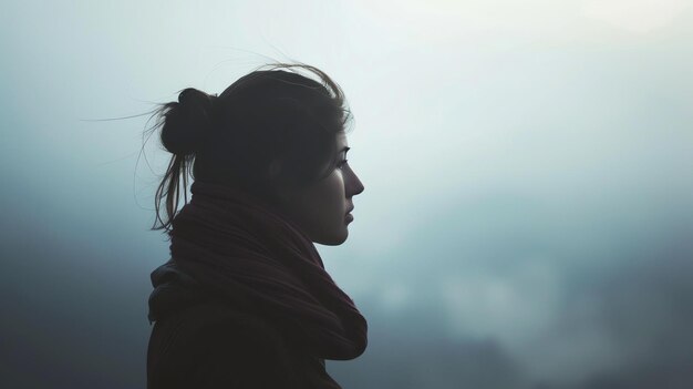 Photo thoughtful young woman looking out at the view from the top of a mountain