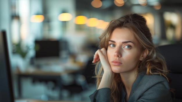 A thoughtful young woman in a modern office setting staring into the distance with blurred background lights