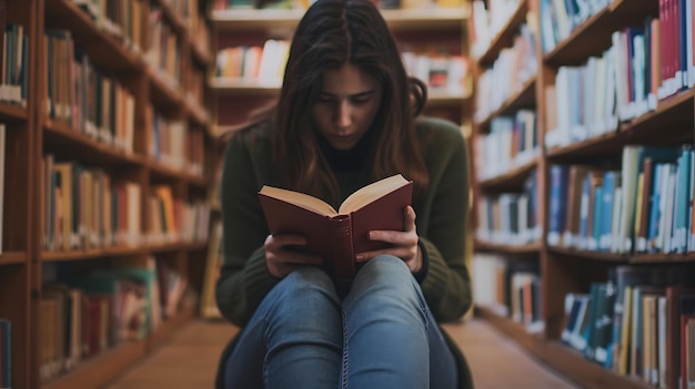 Thoughtful young woman reading a book while sitting on the floor in the library