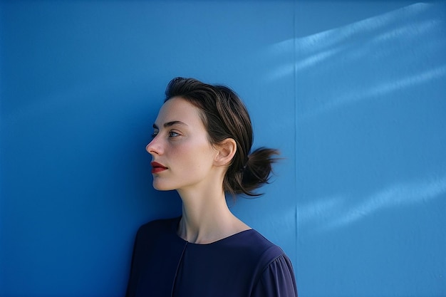 Thoughtful young woman standing against blue wall