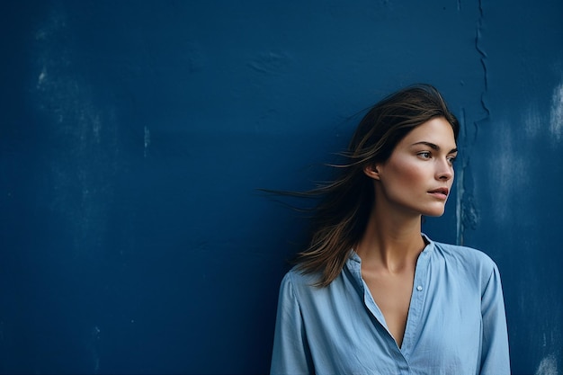 Thoughtful young woman standing against blue wall