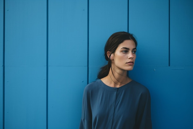 Thoughtful young woman standing against blue wall