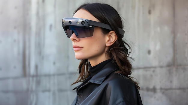 Thoughtful young woman wearing augmented reality glasses