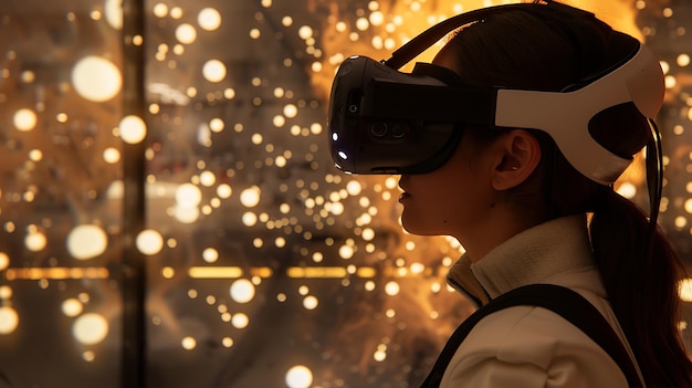 Thoughtful young woman wearing a virtual reality headset and exploring a new digital world