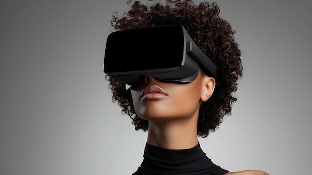 Thoughtful young woman wearing a virtual reality headset She is looking at something in the distance and has a slight smile on her face