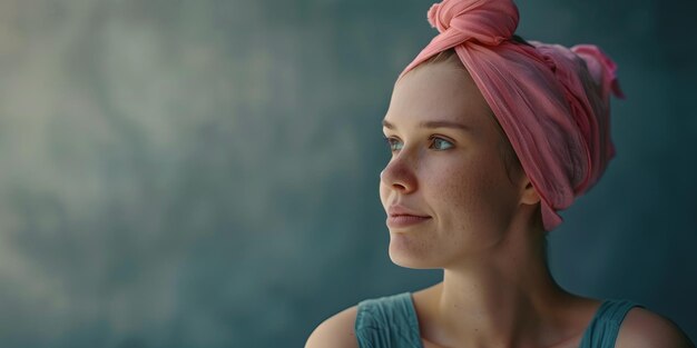 Photo thoughtful young woman with cancer in pink headscarf