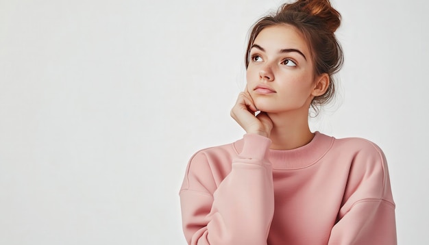 Photo thoughtful young woman with hand on chin looking upwards wearing a pink sweater against a white background